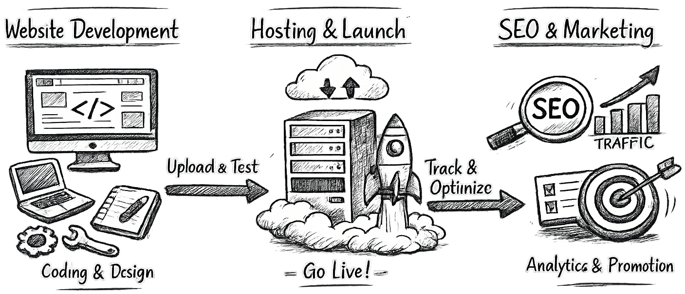 Sketched image showing the process from web development to launching a site on a host, and then SEO