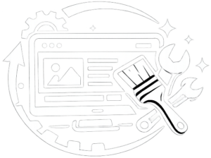 Icon depicting updating web pages with a screen, paint brush, and spanners