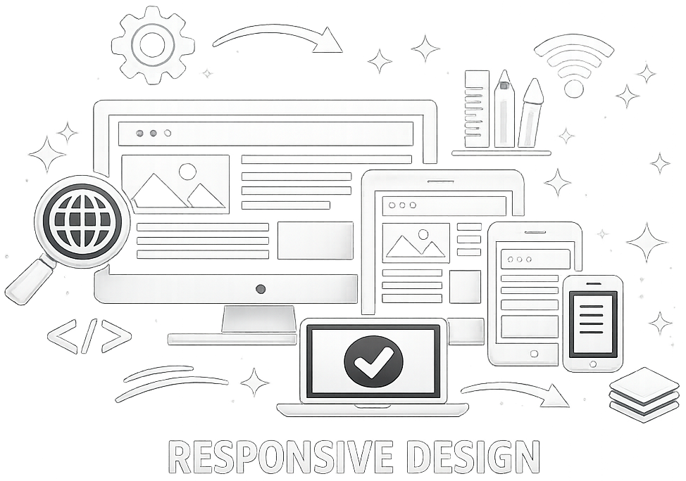 Image representing responsive design through from Desktop to tablet and mobile screen sizes.
